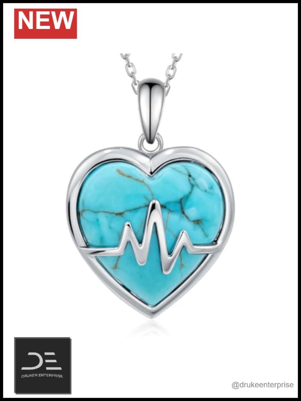 Genuine Turquoise Heartbeat Necklace 925 Sterling Silver Pendant
